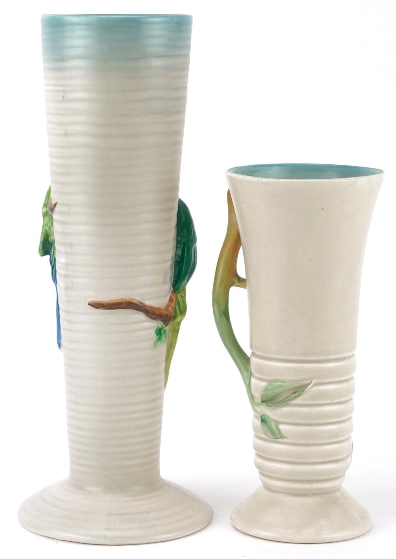Clarice Cliff, two Art Deco cylindrical and tapering vases including one decorated in relief with - Bild 2 aus 3
