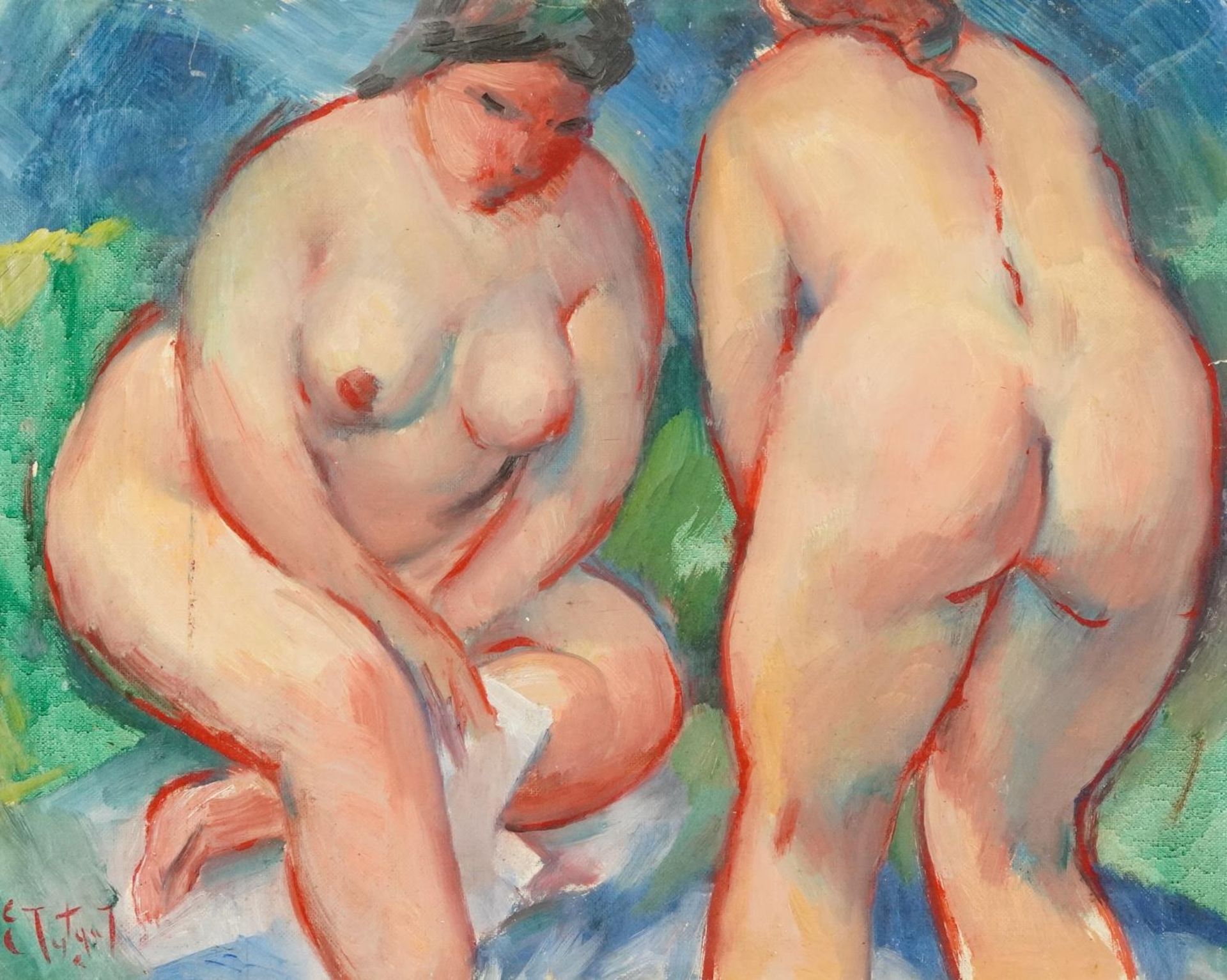Nude females in an interior, Belgian school oil on canvas board, bearing an indistinct signature,