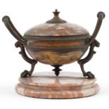 19th century Grand Tour patinated bronze and Breccia Pernice marble desk inkwell with mythical