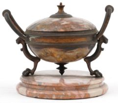 19th century Grand Tour patinated bronze and Breccia Pernice marble desk inkwell with mythical