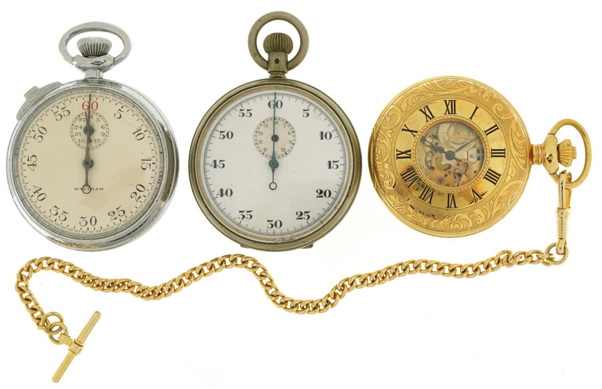 Three pocket watches including British military interest Waltham stopwatch and a gold plated half - Image 2 of 5