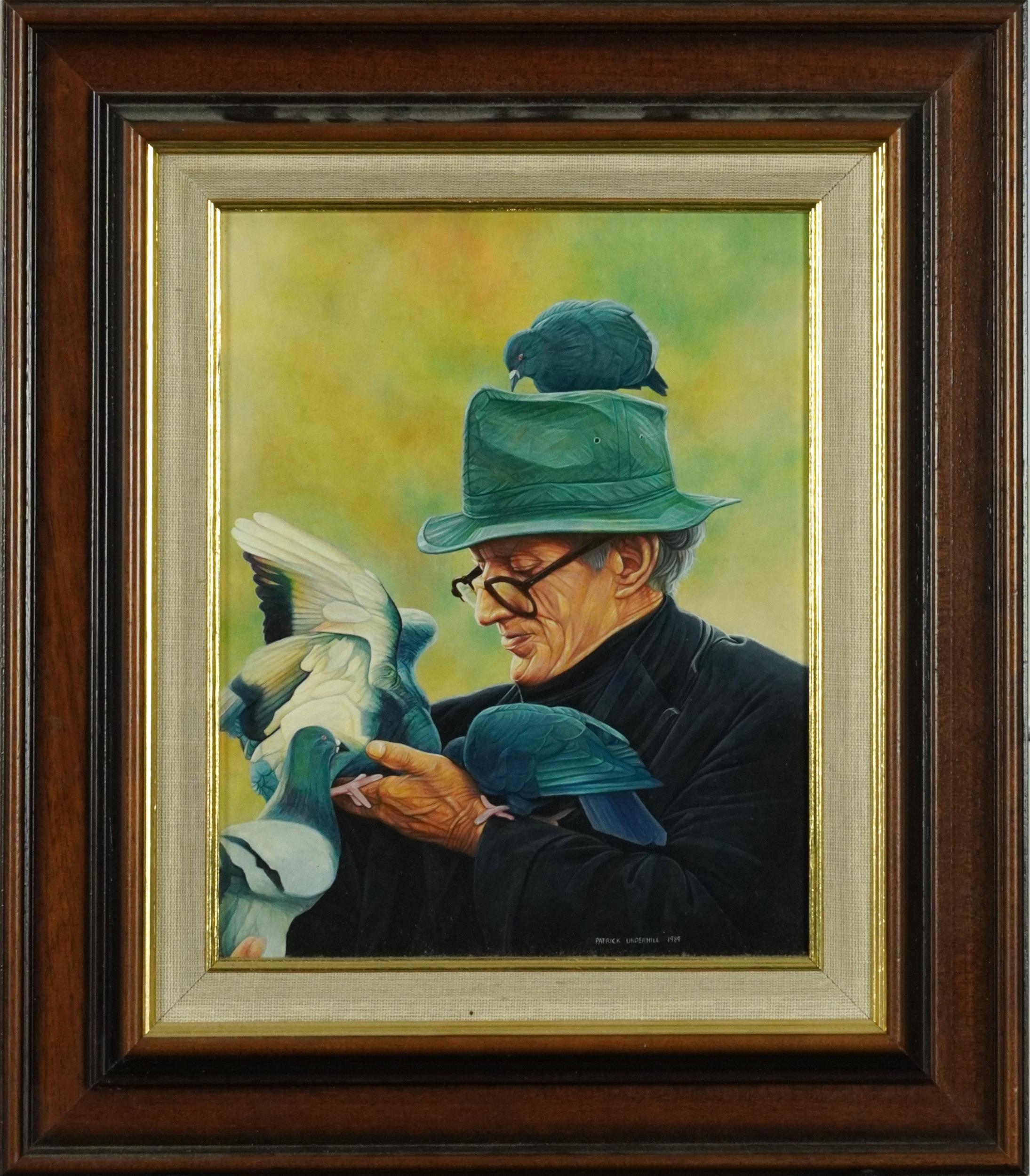 Patrick Underhill 1989 - The Bird Man, contemporary oil on board, mounted and framed, 24cm x 18. - Image 2 of 4