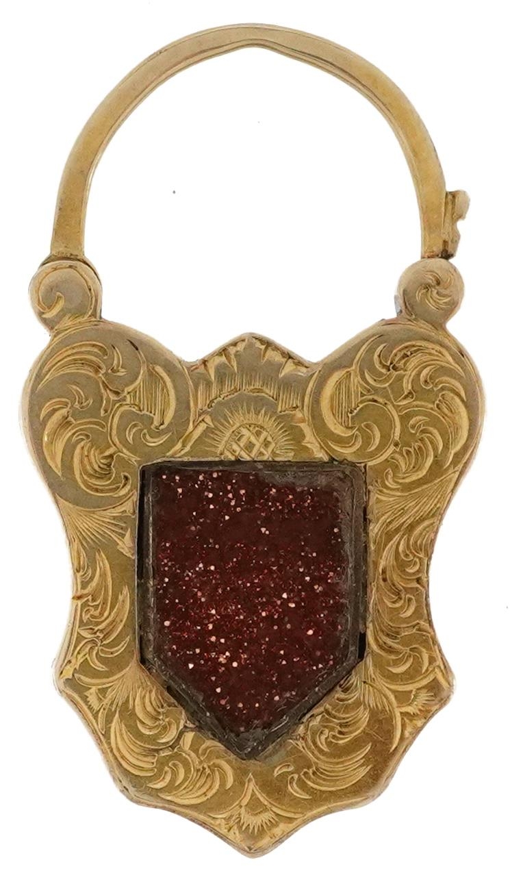 Victorian yellow metal blue enamel and goldstone jewellery clasp in the form of a padlock, 3.2cm - Image 2 of 2