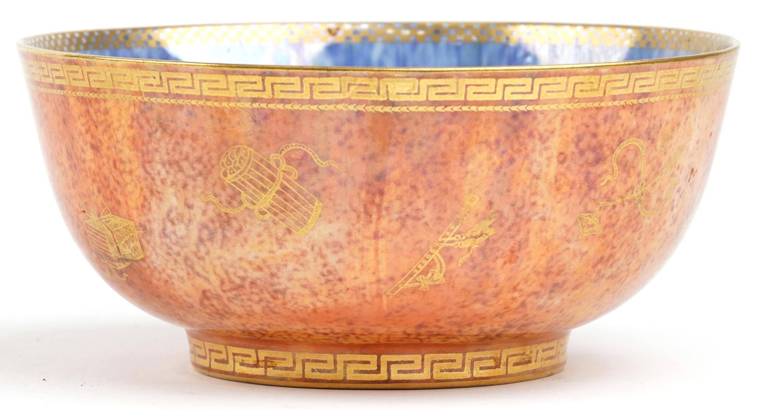 Wedgwood orange and blue ground Fairyland lustre bowl gilded with dragons chasing the flaming - Image 3 of 7