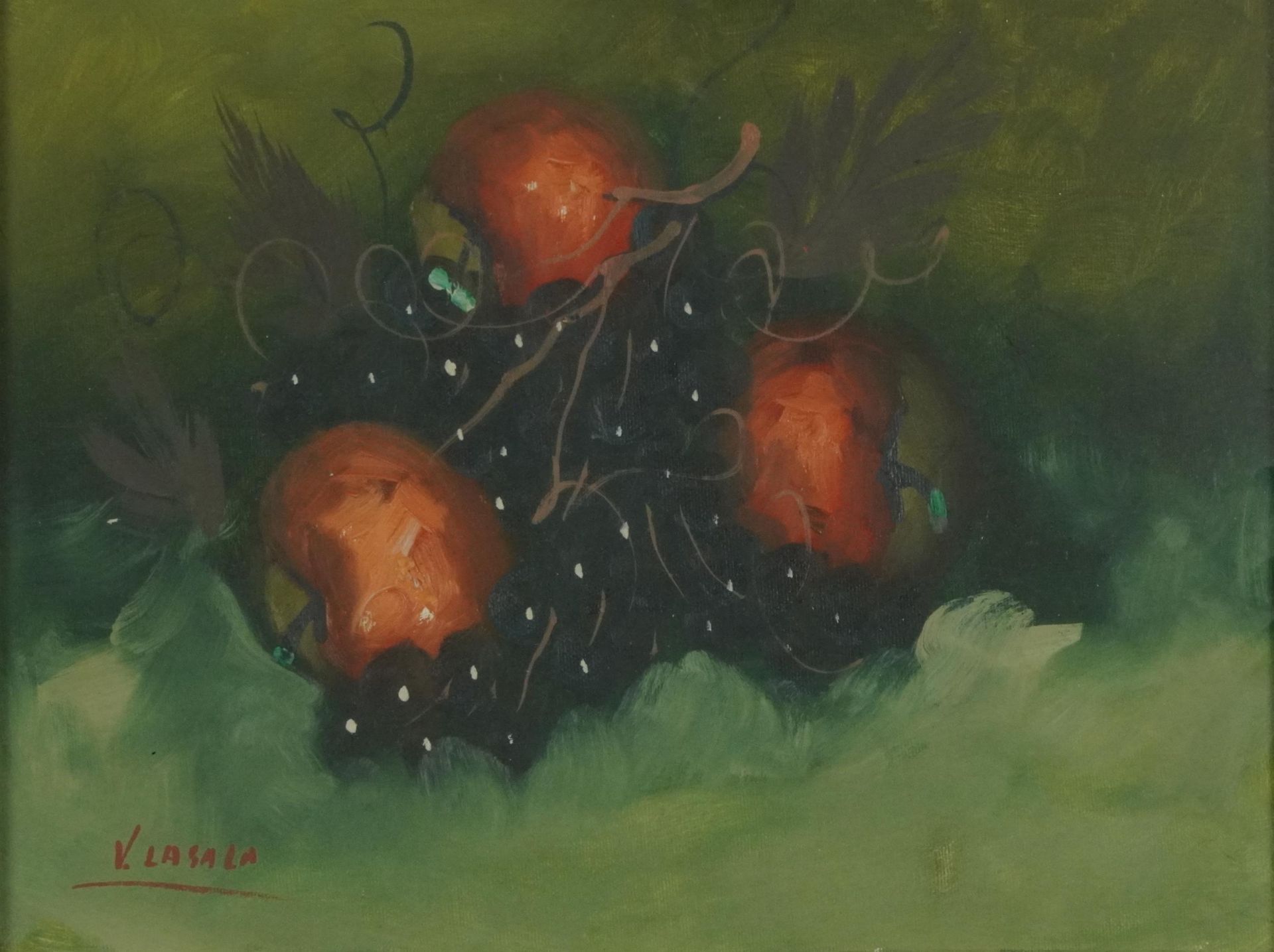 V La Sala - Still life fruit and vessels, pair of Spanish school oils, mounted, framed and glazed, - Bild 6 aus 9