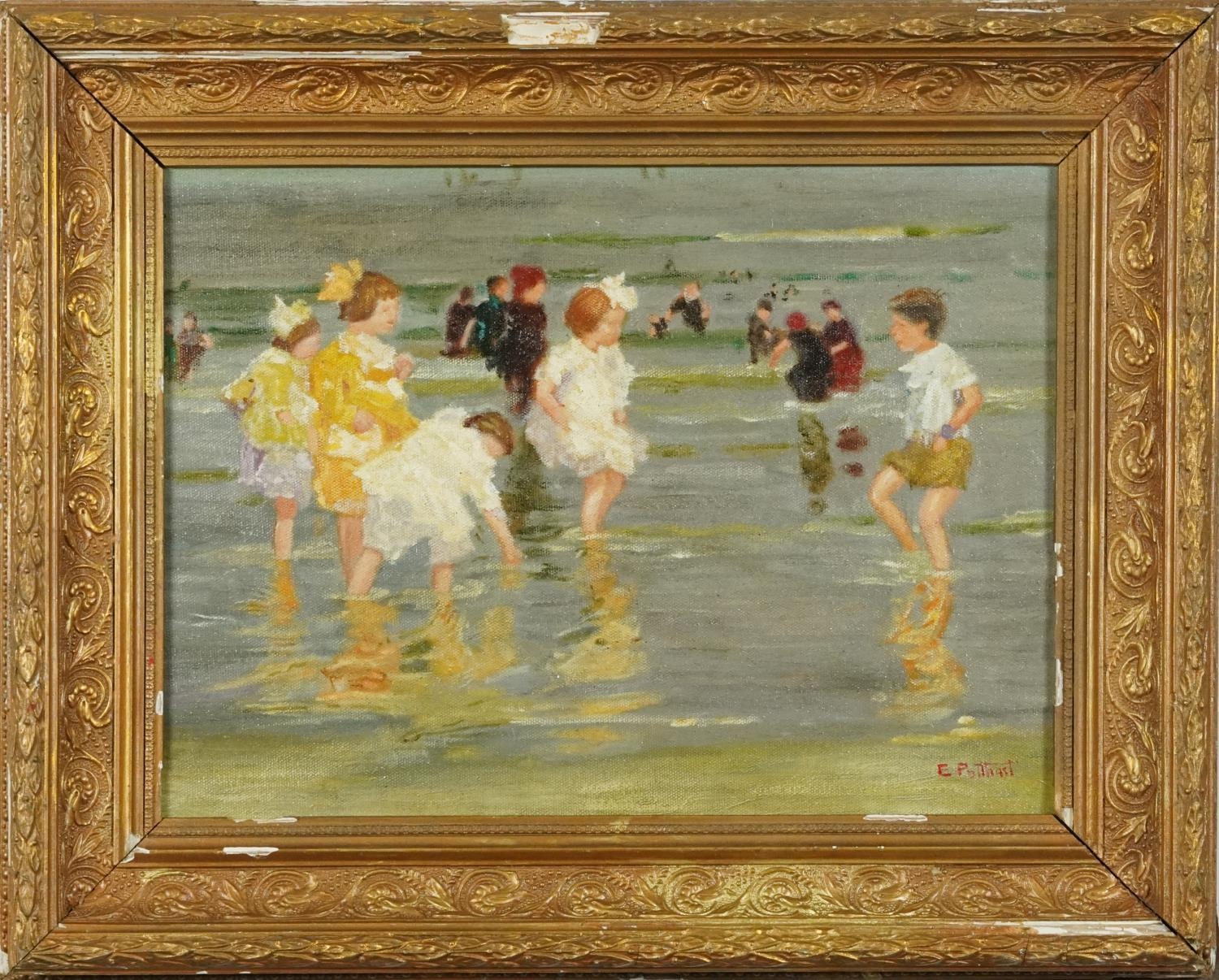 After Edward Henry Potthast - Beach scene with children, American school oil on board, mounted and - Image 2 of 5