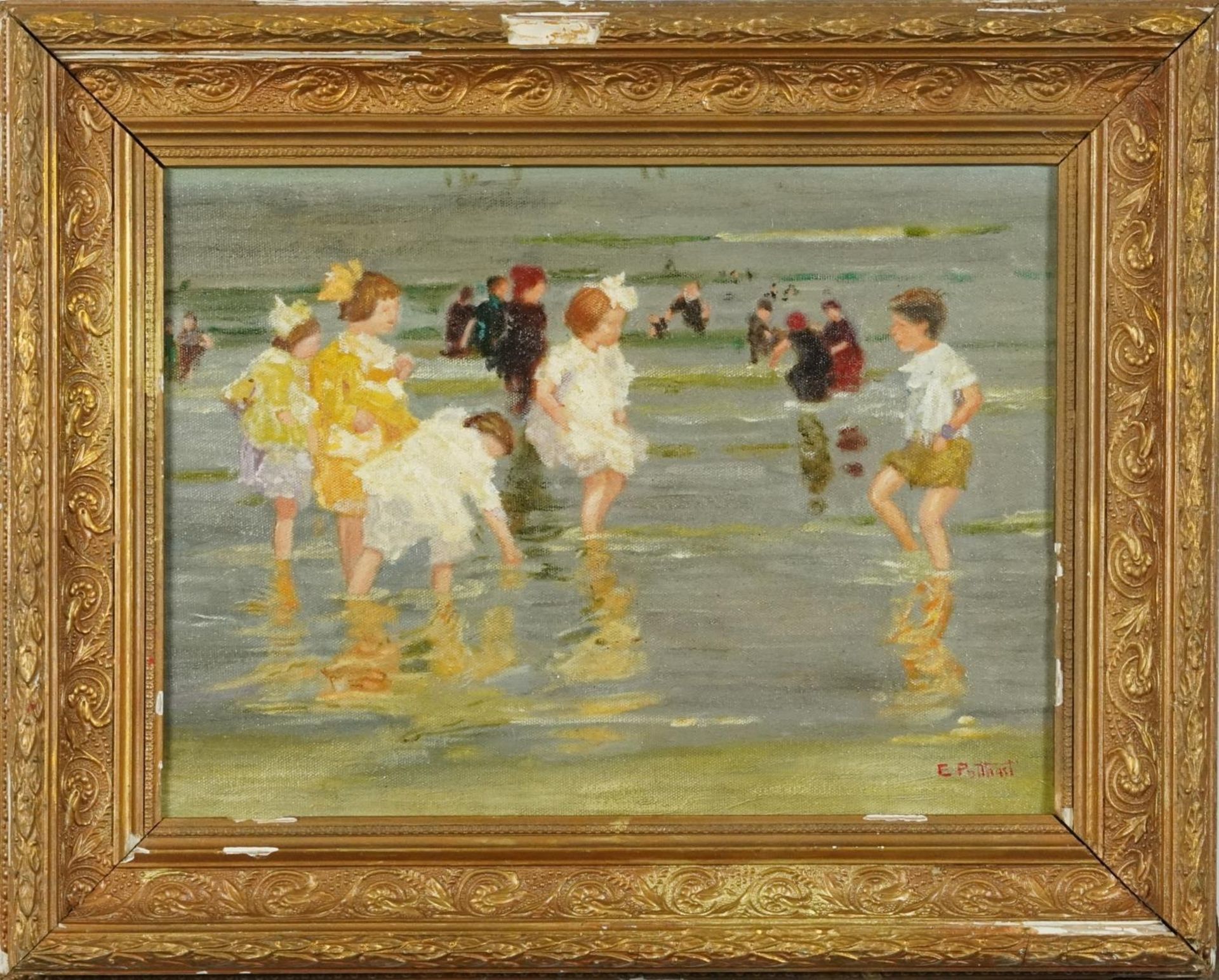 After Edward Henry Potthast - Beach scene with children, American school oil on board, mounted and - Bild 2 aus 5