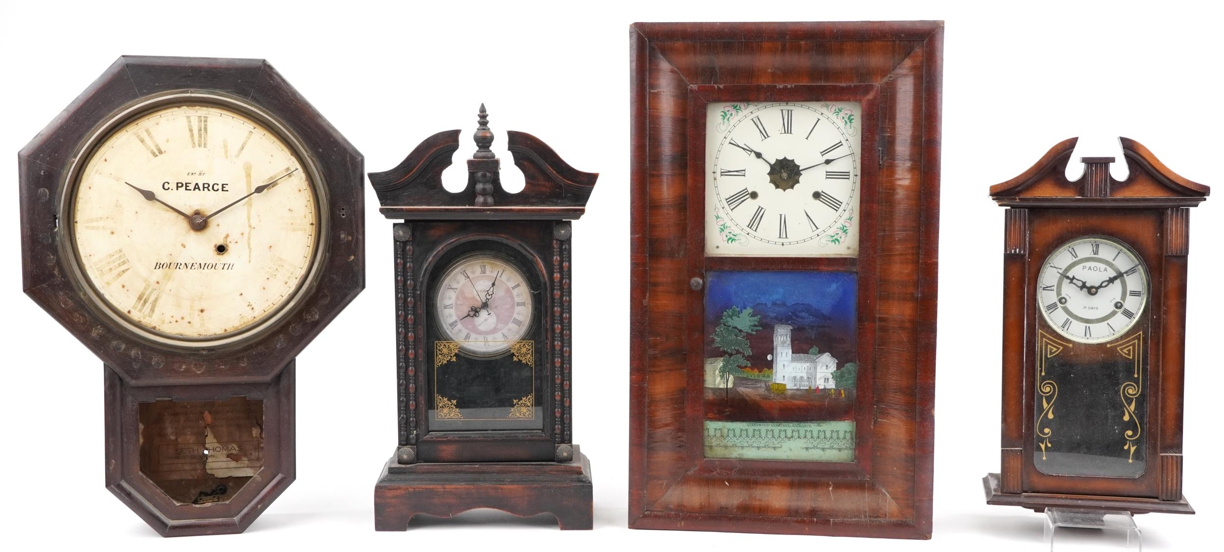 Four clocks including two American wall examples, one having circular dial and inscribed Examined by