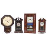 Four clocks including two American wall examples, one having circular dial and inscribed Examined by