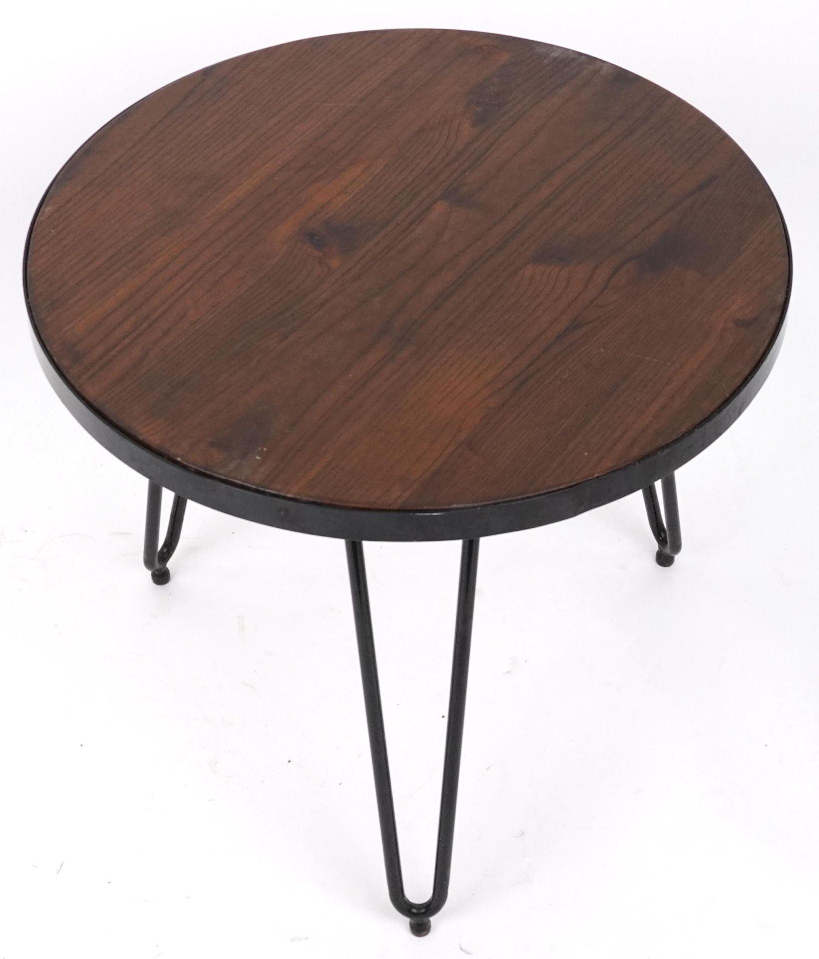 Industrial circular hardwood and wrought iron occasional table with hairpin legs, 53.5cm high x 61cm - Image 2 of 3