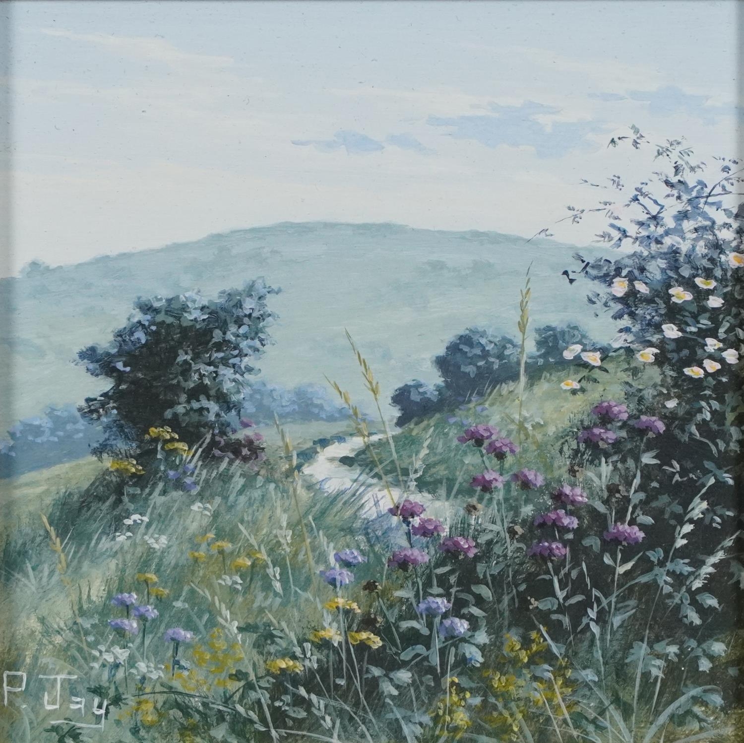 Peter Jay - Snow, Track on the Marsh and Summer on the South Downs, three oil on boards including - Image 2 of 20