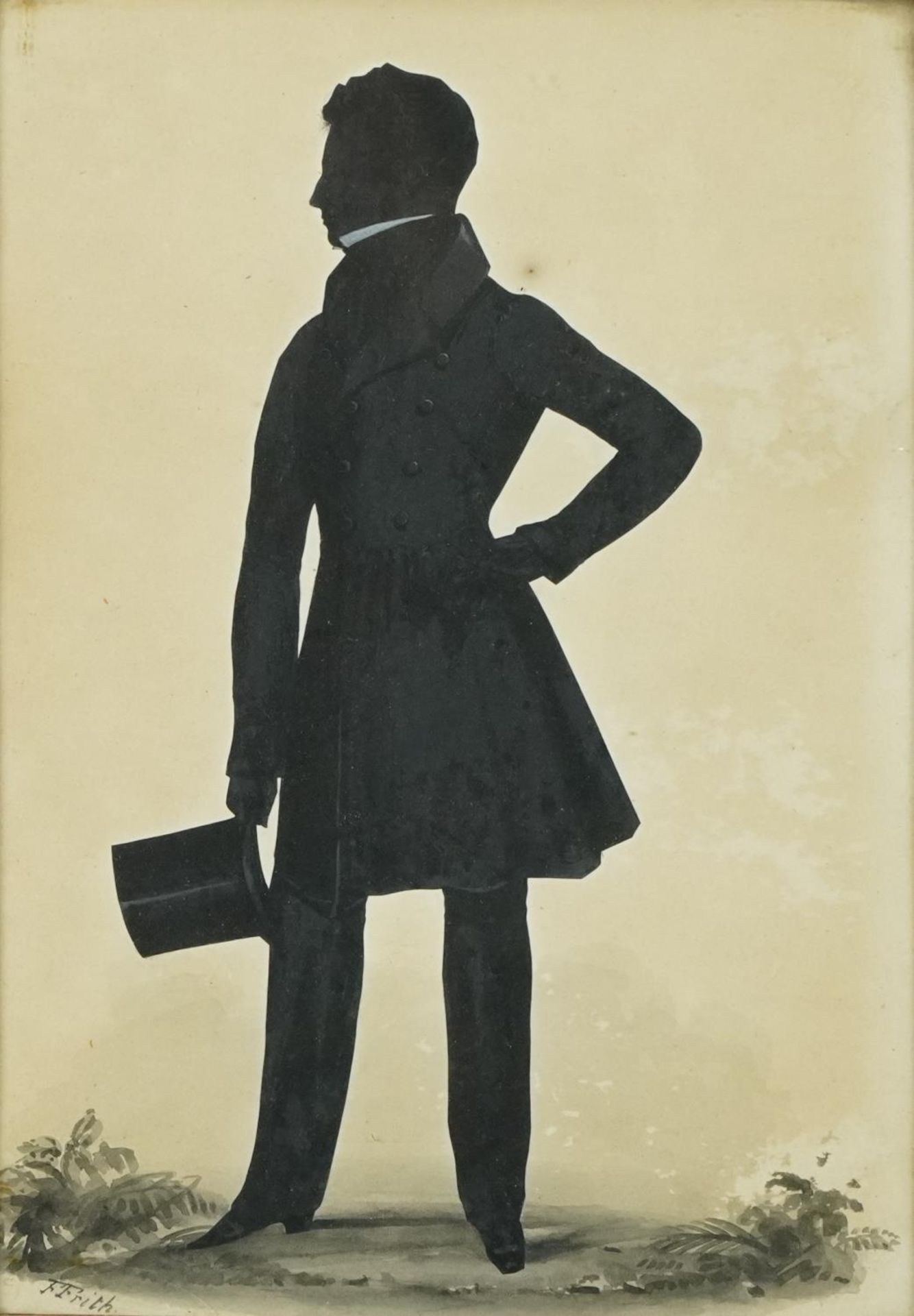 Frederick Frith - Portrait of a gentleman holding a top hat, Georgian silhouette watercolour,