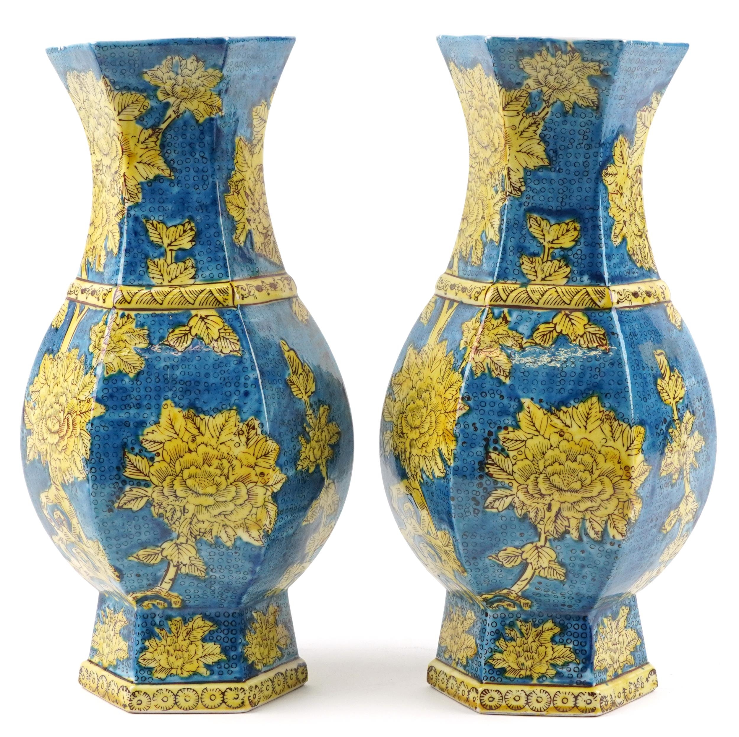 Pair of Chinese porcelain hexagonal blue ground vases hand painted with flowers, each 40cm high - Image 3 of 6