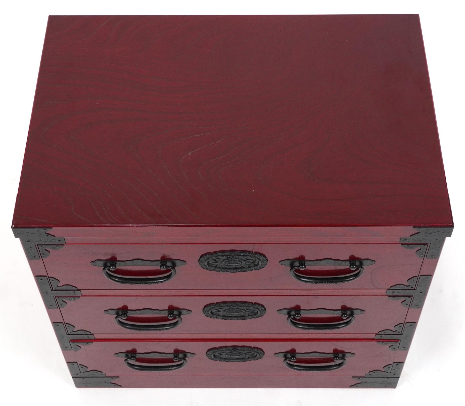 Chinese cherry wood type three drawer chest with cast black metal mounts, 57cm H x 60cm W x 40.5cm D - Image 3 of 5