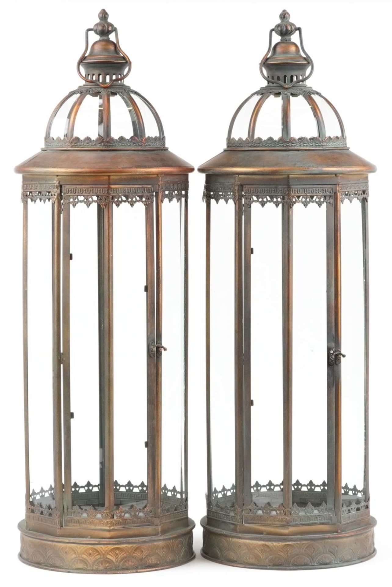 Large pair of bronzed hanging lanterns with glass panels, 85cm high - Image 2 of 3