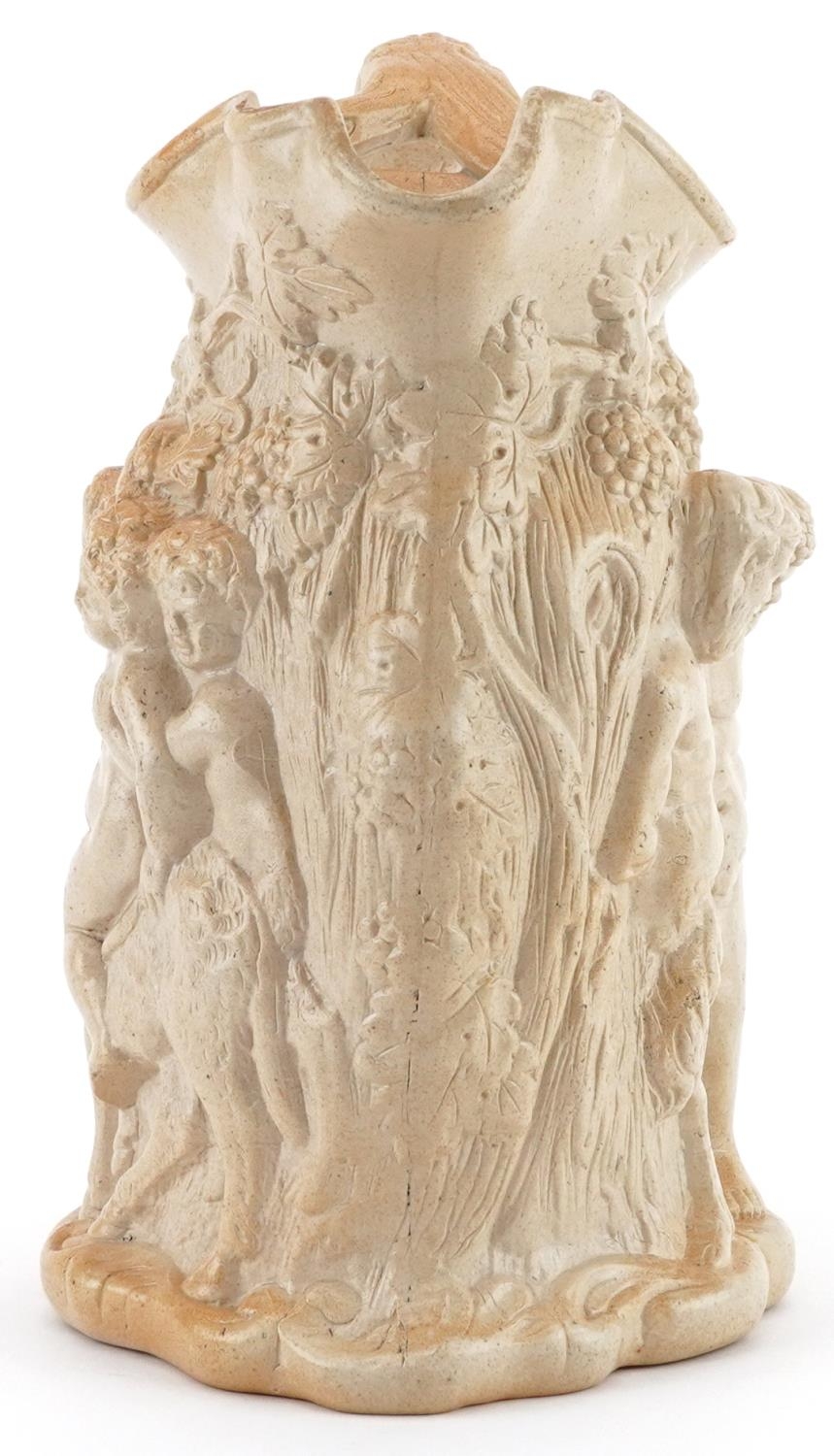 19th century salt glazed Greek mythological jug decorated in relief with Silenus & Bacchus, 22cm - Image 3 of 6
