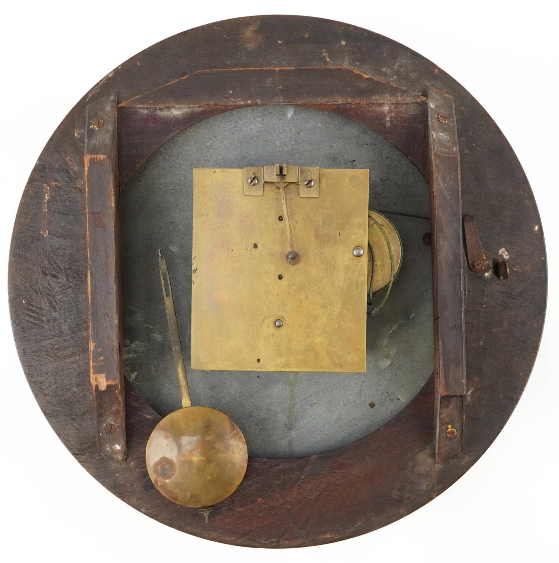 Victorian mahogany fusee wall clock having painted dial with Roman numerals, 36cm in diameter - Image 3 of 5