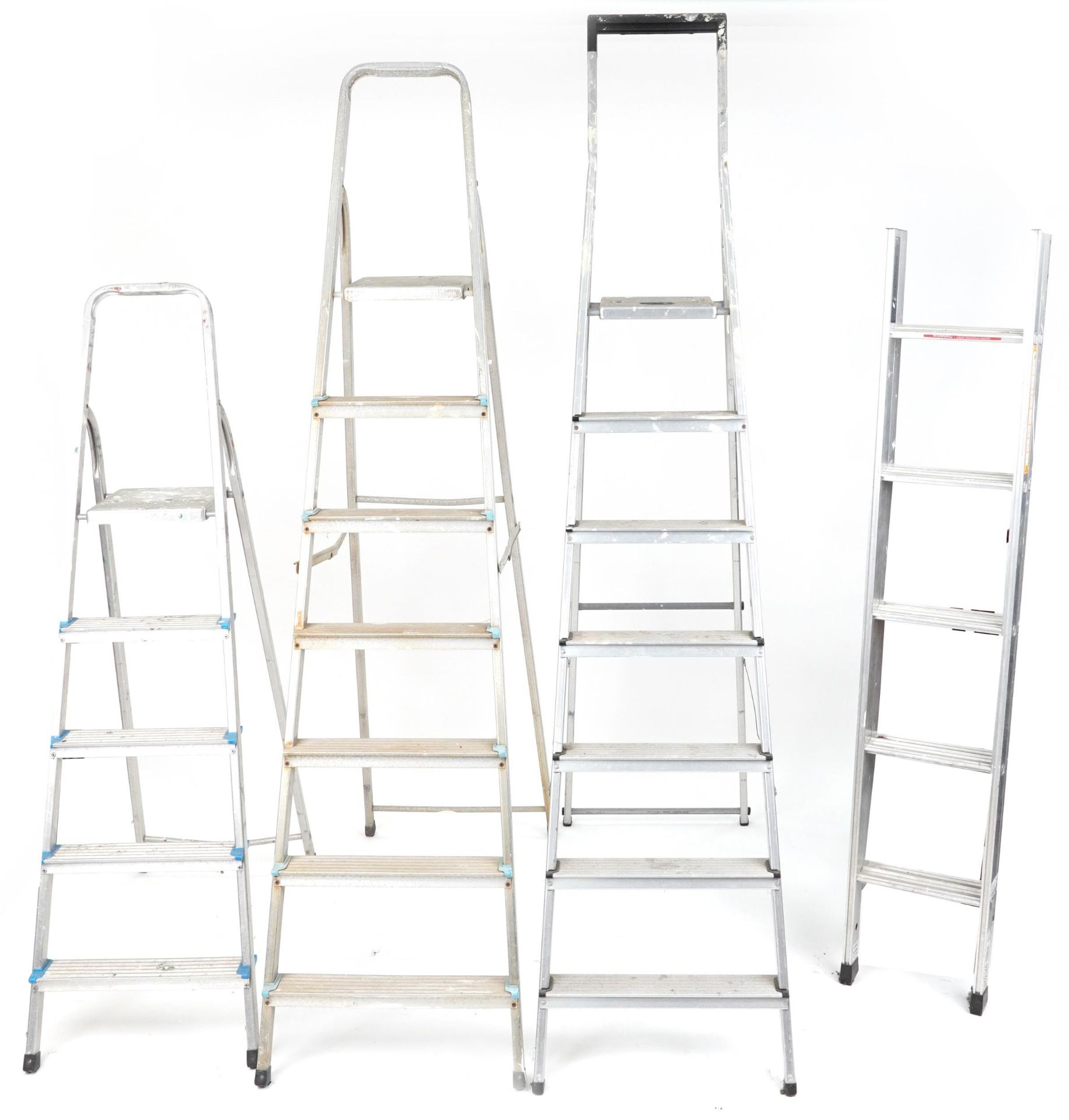 Four aluminium ladders including Youngman Spacemaker loft ladder and two Beldray stepladders, the