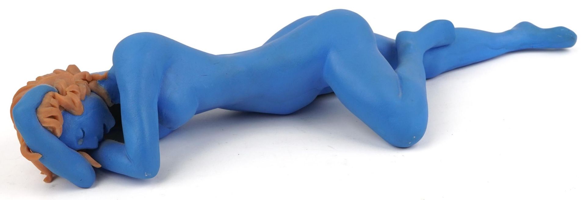 Neil Wilkinson, contemporary Brutalist blue painted sculpture of a reclining nude female, 55cm in
