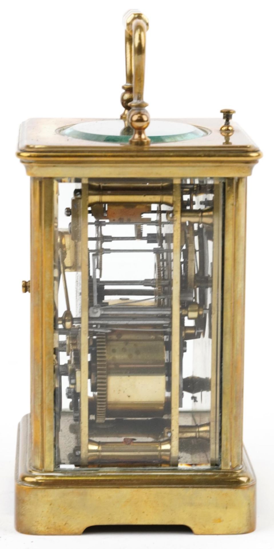 Large French brass cased repeating carriage clock striking on a gong with enamelled dial having - Image 6 of 6