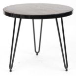 Industrial wrought iron circular side table with hardwood top and hairpin legs, 53cm high x 61cm