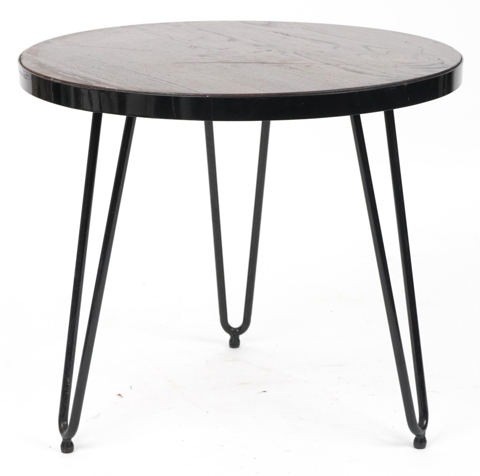 Industrial wrought iron circular side table with hardwood top and hairpin legs, 53cm high x 61cm