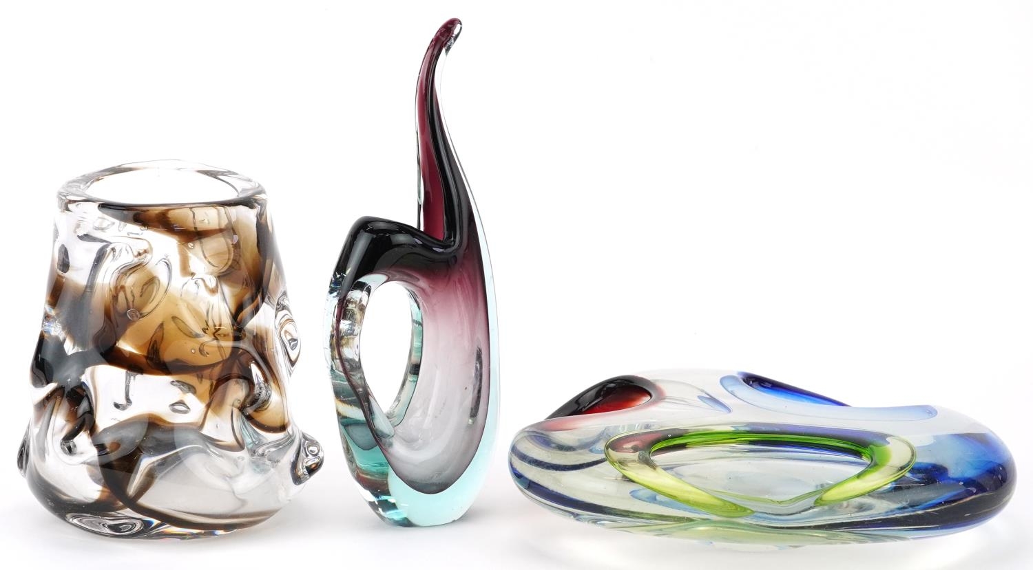 Art glassware including a Whitefriars knobbly vase designed by Geoffrey Baxter and a Murano two