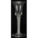 18th century opaque and air twist wine glass with bell shaped bowl, 17.5cm high