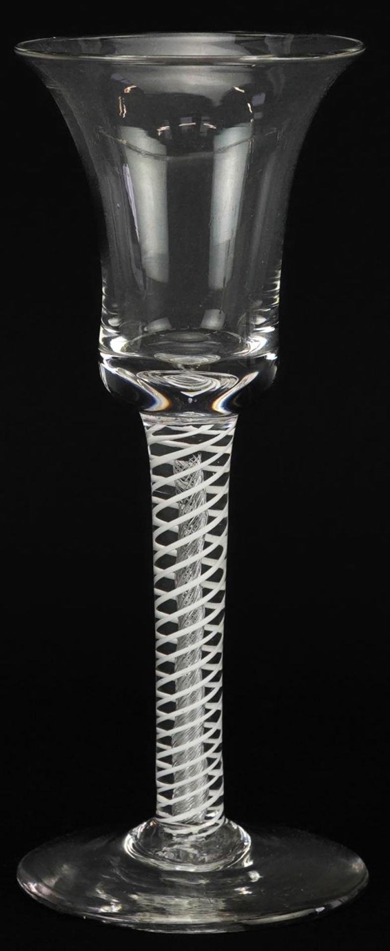 18th century opaque and air twist wine glass with bell shaped bowl, 17.5cm high