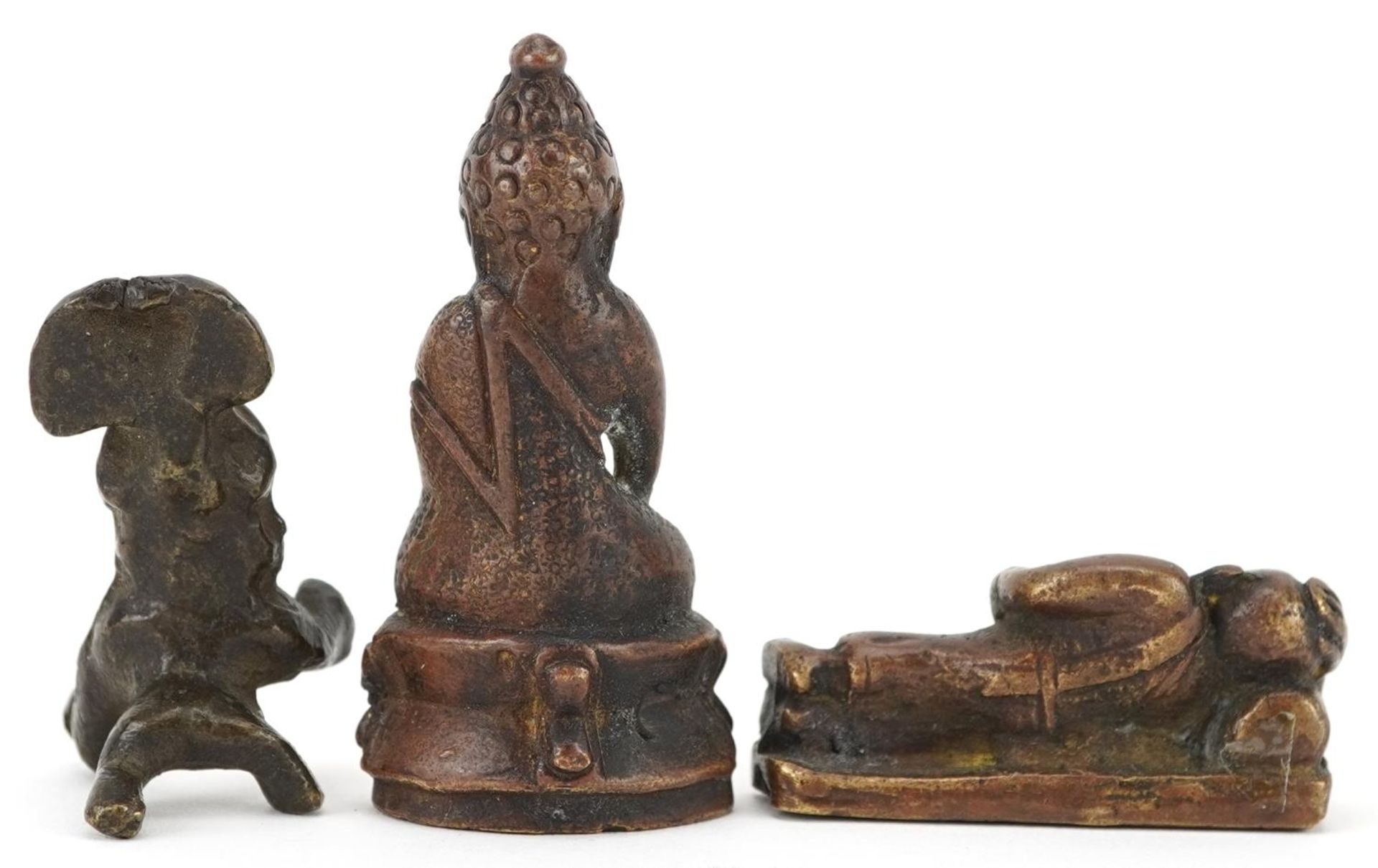 Three Chinese and Asian patinated bronze figures including an example of seated Buddha, the - Bild 4 aus 7