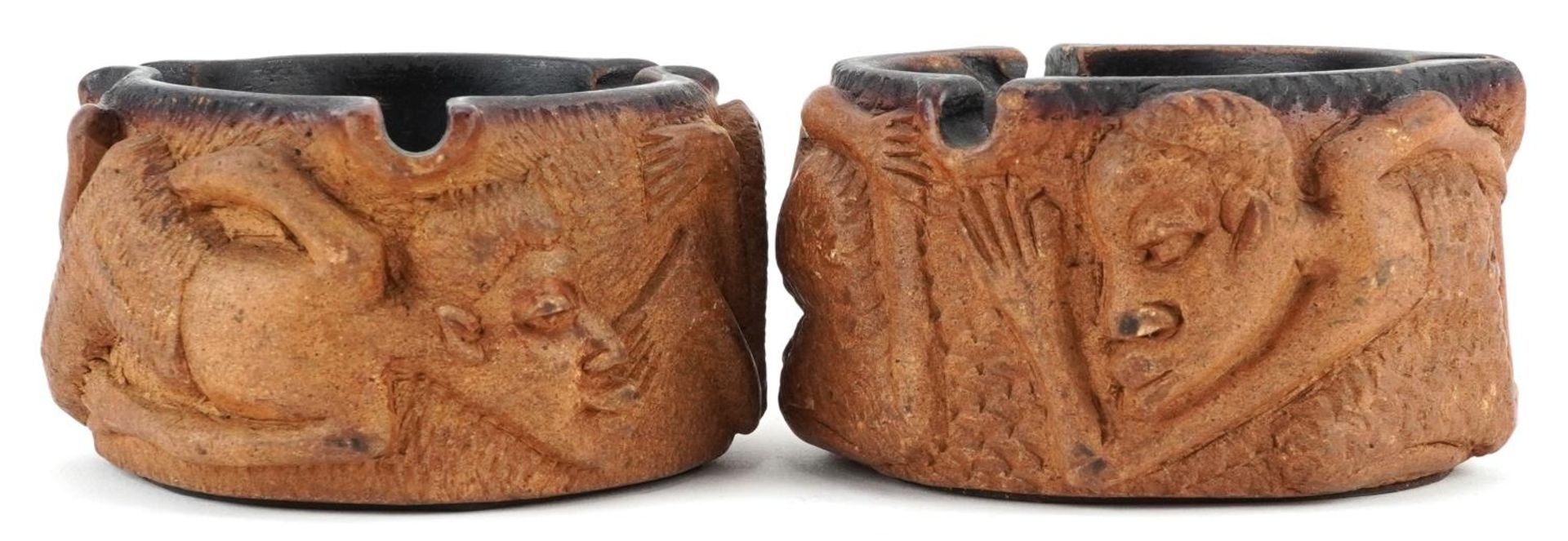 Matched pair of smoking interest Meerschaum ashtrays decorated in relief with figures, each 10cm - Image 2 of 4