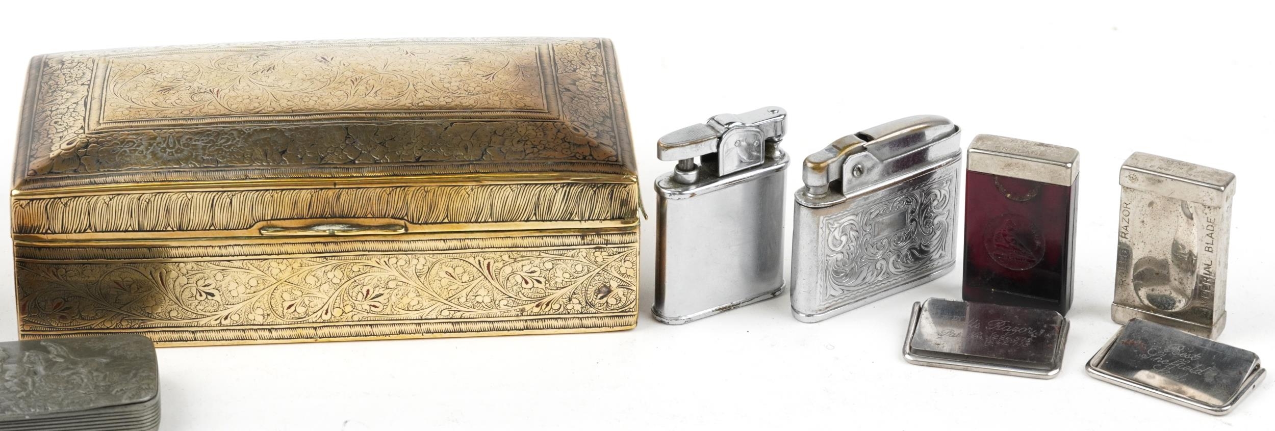 Sundry items including rectangular pewter hunting design snuff box, lighters and engraved Indian - Image 3 of 3