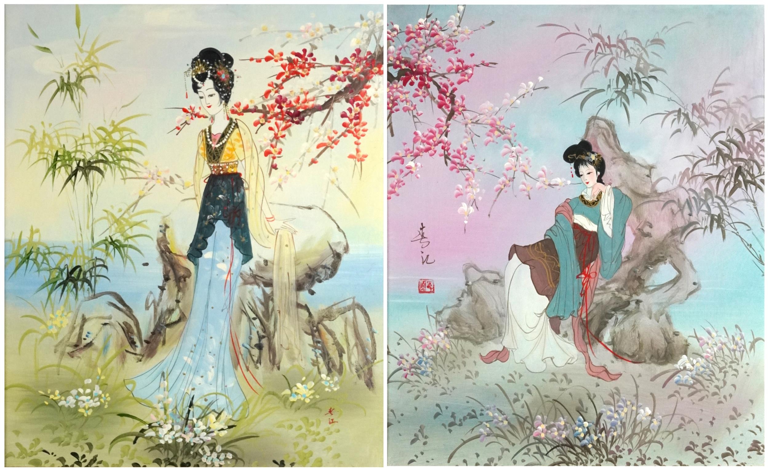 Young females beside flowers before water, two Chinese school oil on canvases, each with