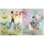 Young females beside flowers before water, two Chinese school oil on canvases, each with