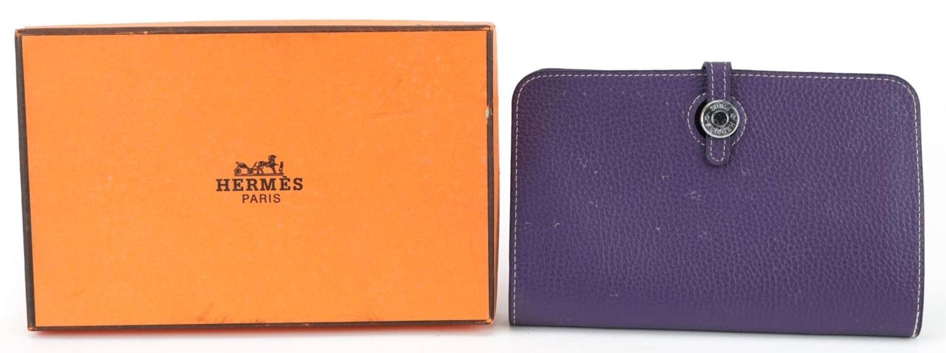 Hermes, French purple leather clutch purse with cardholder, dust bag and box, the clutch bag 19.