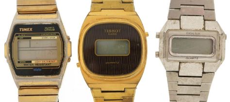 Three vintage gentlemen's digital quartz wristwatches including Timex and Tissot, the largest 36mm