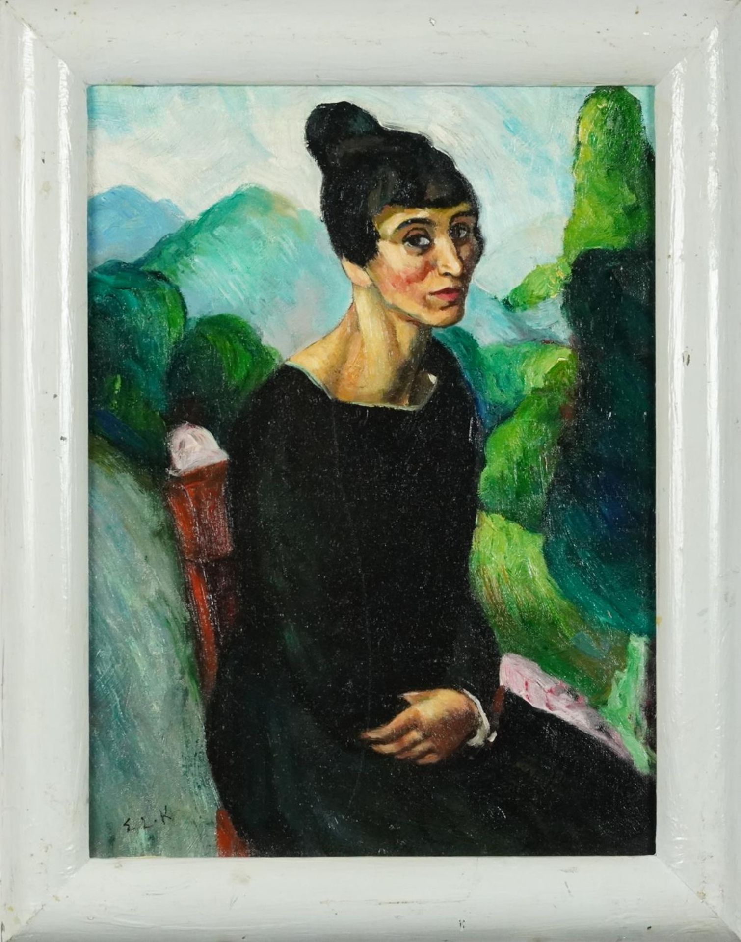 Portrait of a female wearing a black dress before a landscape, continental school oil on board, - Image 2 of 6