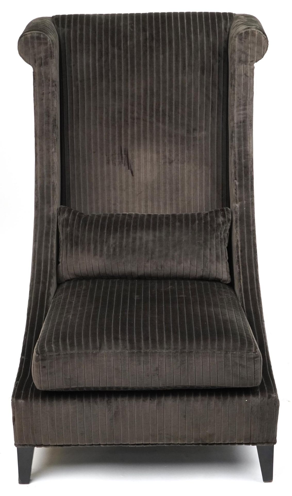 Contemporary dark olive green upholstered throne lounge chair with ebonised legs and cushion, - Image 2 of 4