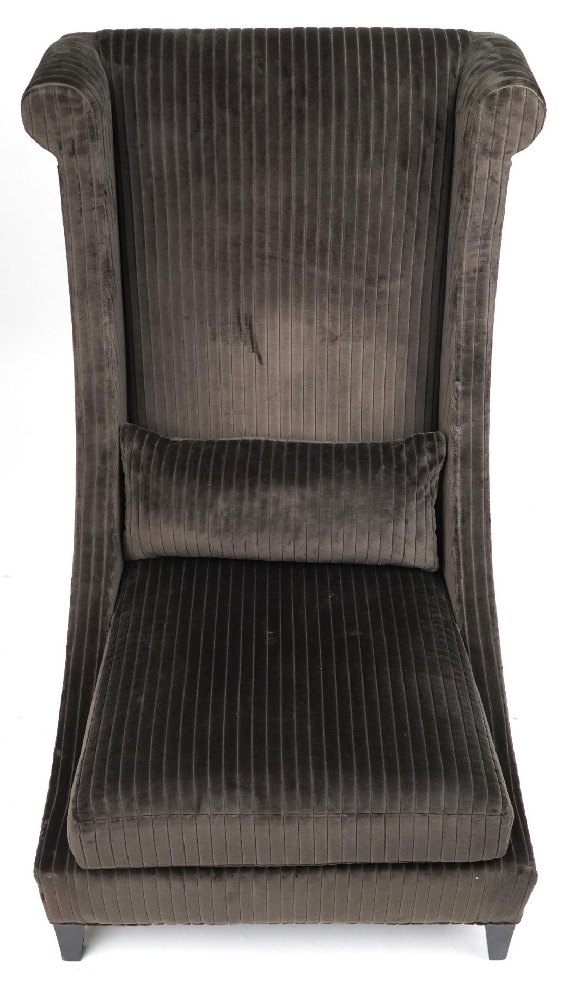 Contemporary dark olive green upholstered throne lounge chair with ebonised legs and cushion, - Image 3 of 4