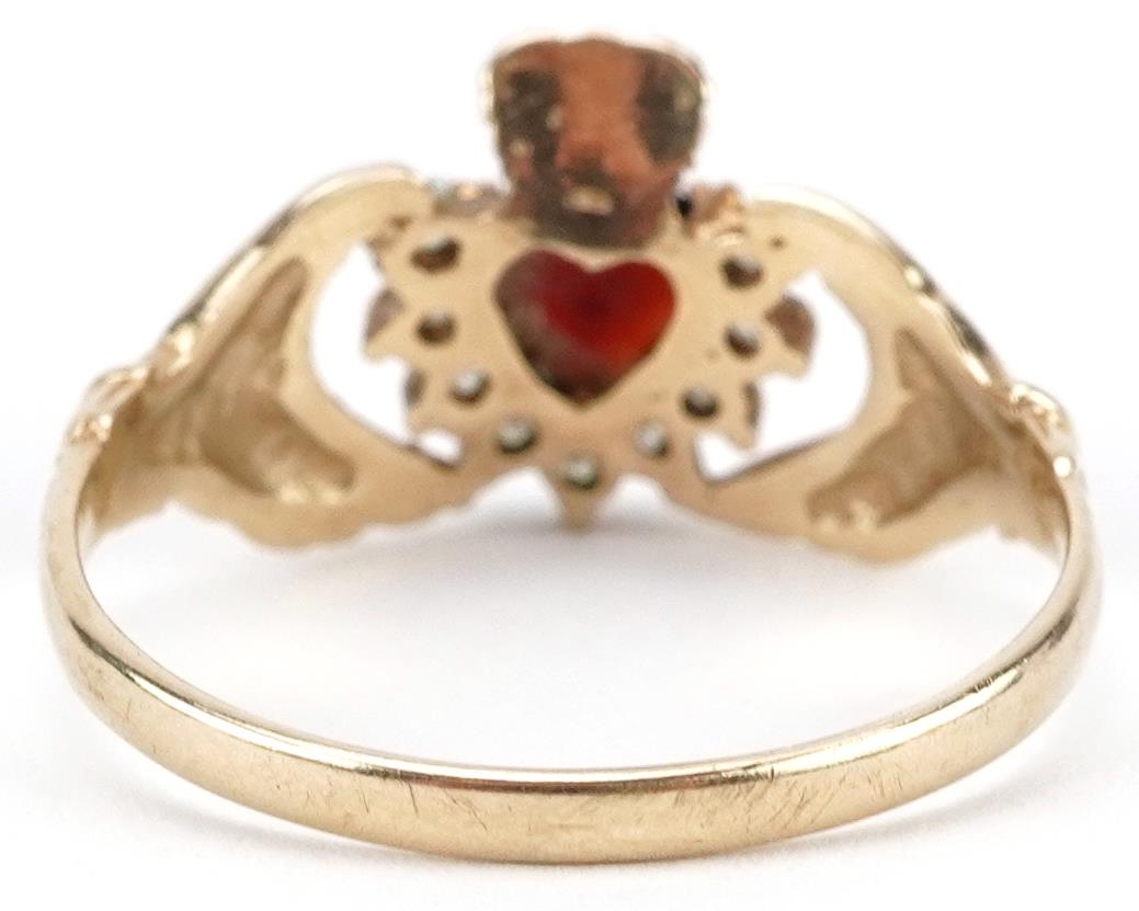 9ct gold garnet and clear stone Claddagh ring, size Q, 2.1g - Image 2 of 5