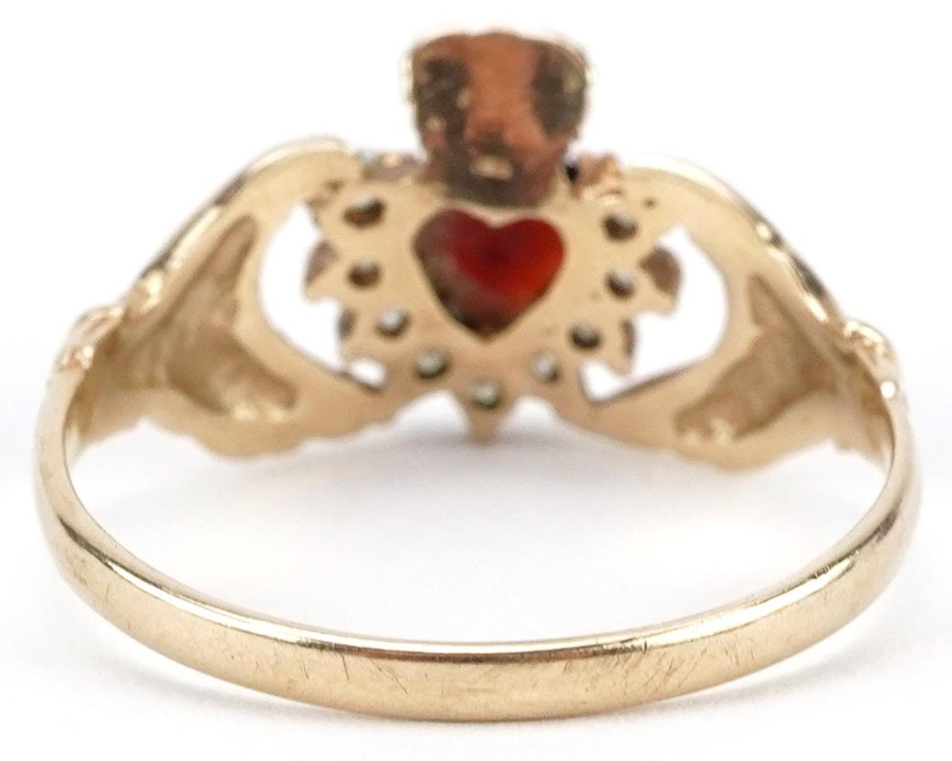 9ct gold garnet and clear stone Claddagh ring, size Q, 2.1g - Image 2 of 5