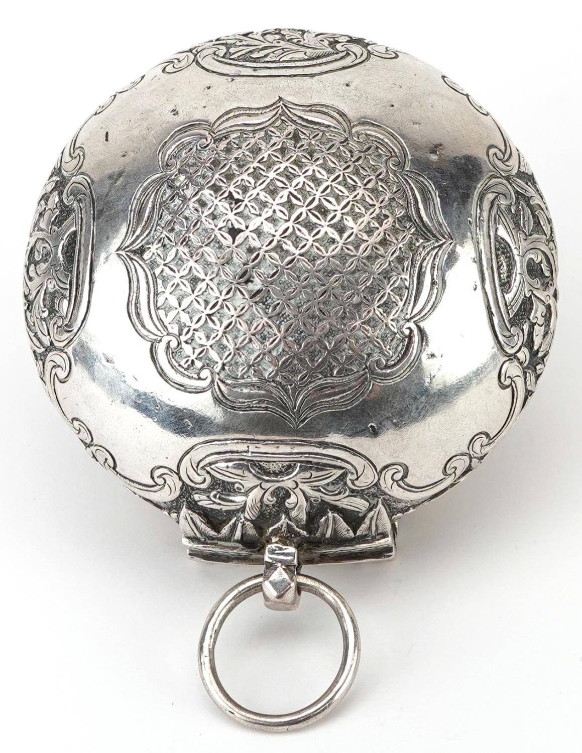 Tibetan unmarked silver bun shaped box with hinged lid profusely embossed with flowers and - Image 5 of 5