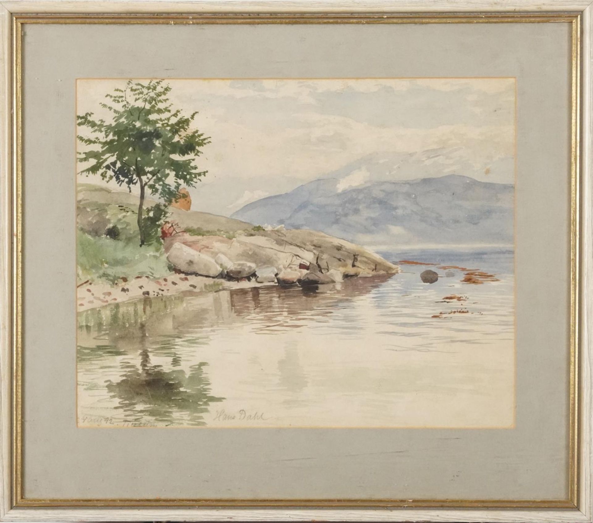 Hans Dahl 1892 - Lake scene, late 19th century Norwegian school watercolour, mounted, framed and - Bild 2 aus 4