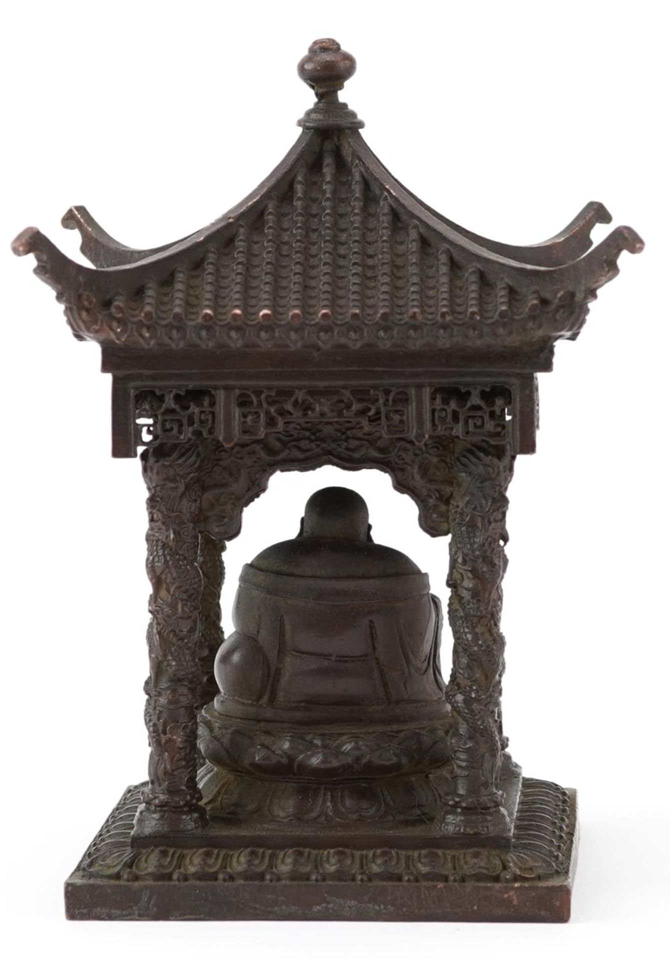 Chinese patinated bronze study of Buddha seated in a pagoda, 15cm high - Image 4 of 7