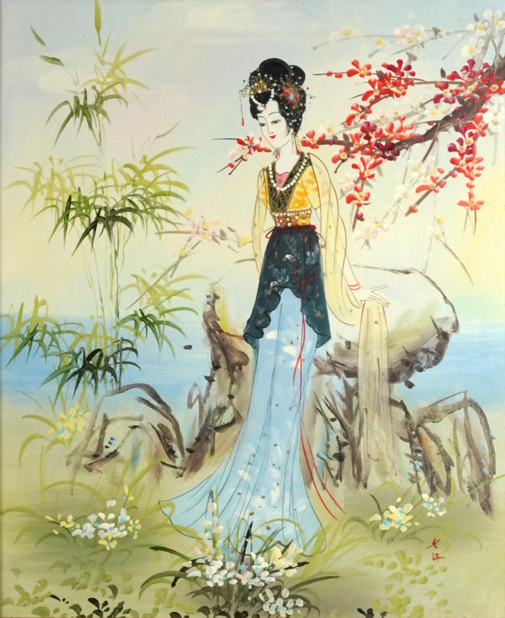 Young females beside flowers before water, two Chinese school oil on canvases, each with - Image 2 of 9