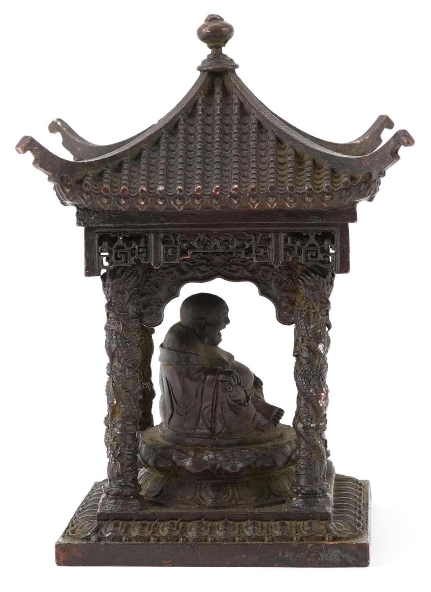 Chinese patinated bronze study of Buddha seated in a pagoda, 15cm high - Image 5 of 7