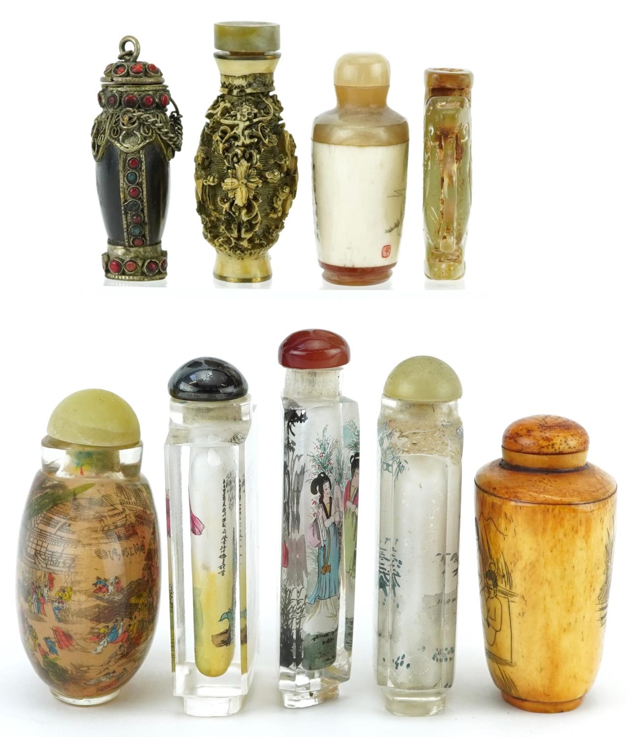 Nine Chinese snuff bottles including a green and russet jade archaic style example, carved bone - Image 4 of 9