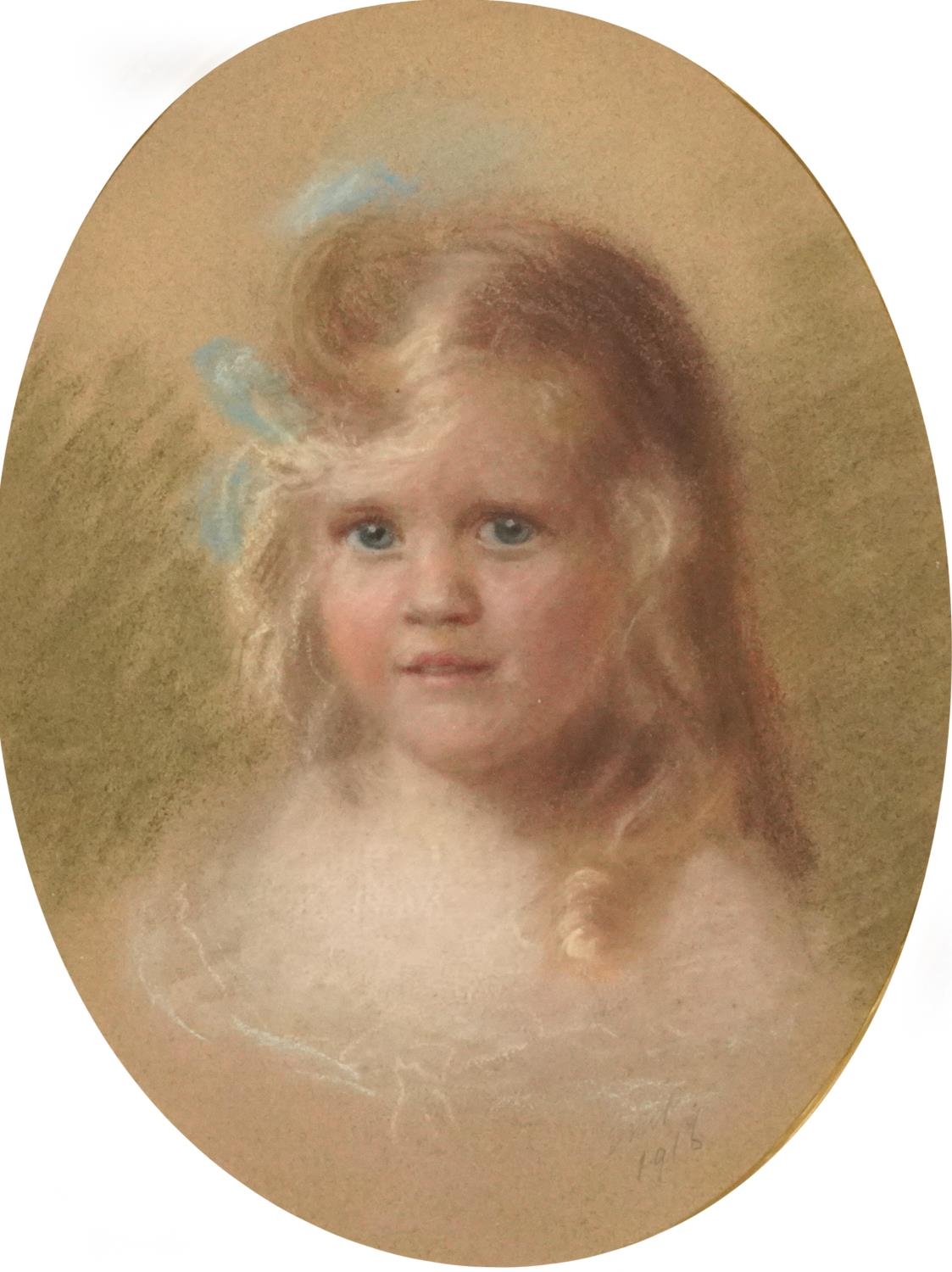 Top half portraits of a mother and daughter, pair of early 20th century oval pastels, one signed - Image 2 of 8
