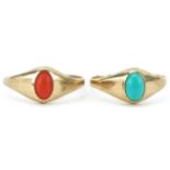 Two 9ct gold cabochon turquoise and coral rings, sizes M and O, total 1.9g