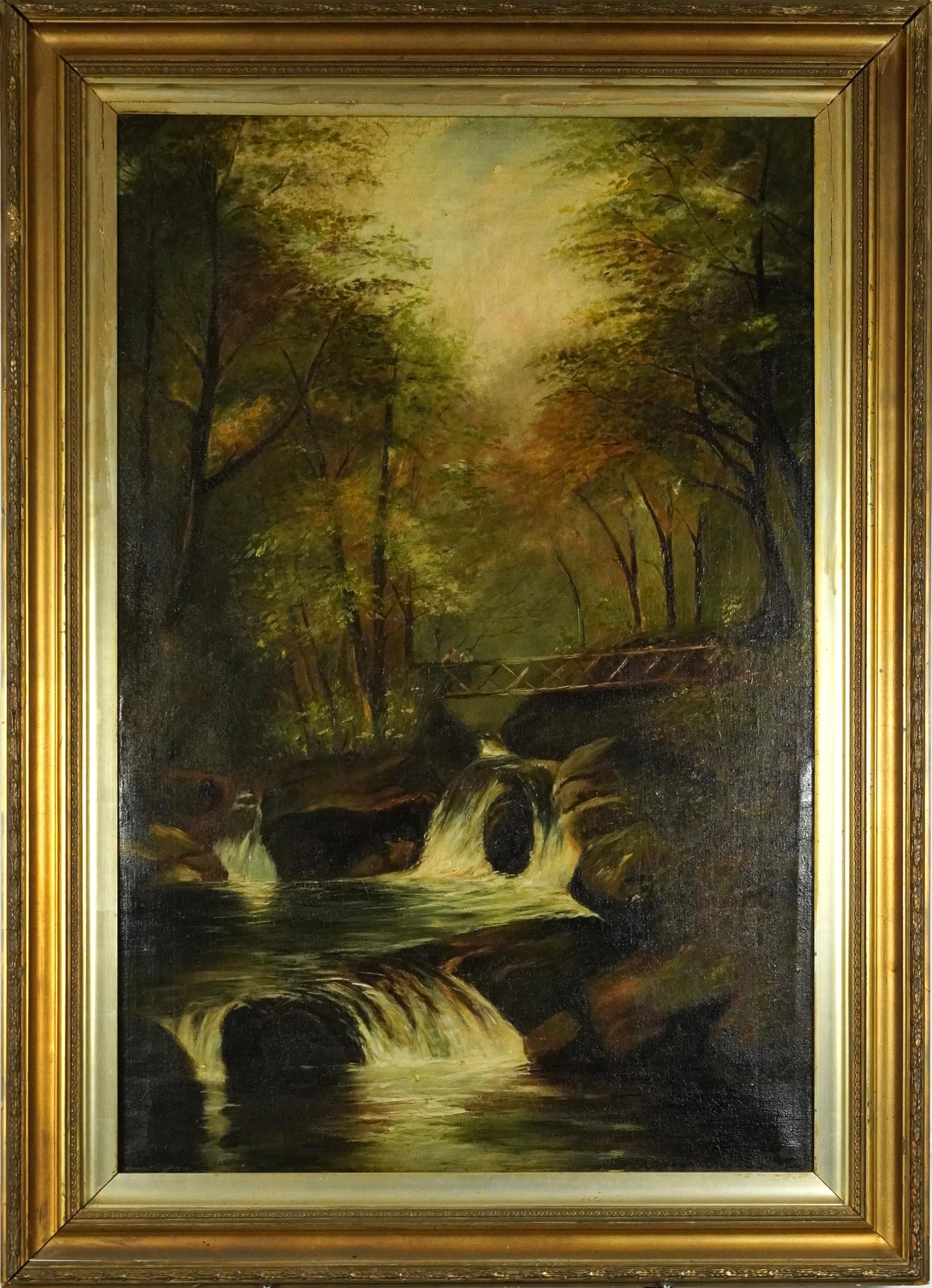 Betws-Y-Coed, figures on a bridge over waterfall, 19th century English school oil on canvas, mounted - Image 2 of 5